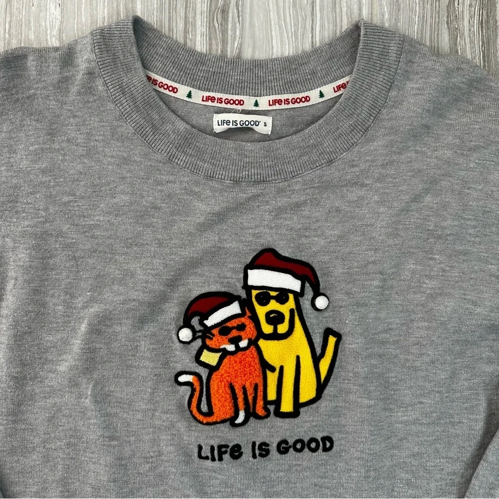 Life is Good Christmas Sweater S | Dog Cat Santa Hat Letterman Patch Holiday - Picture 3 of 6
